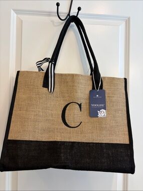Black & Natural Jute Tote with Monogram C